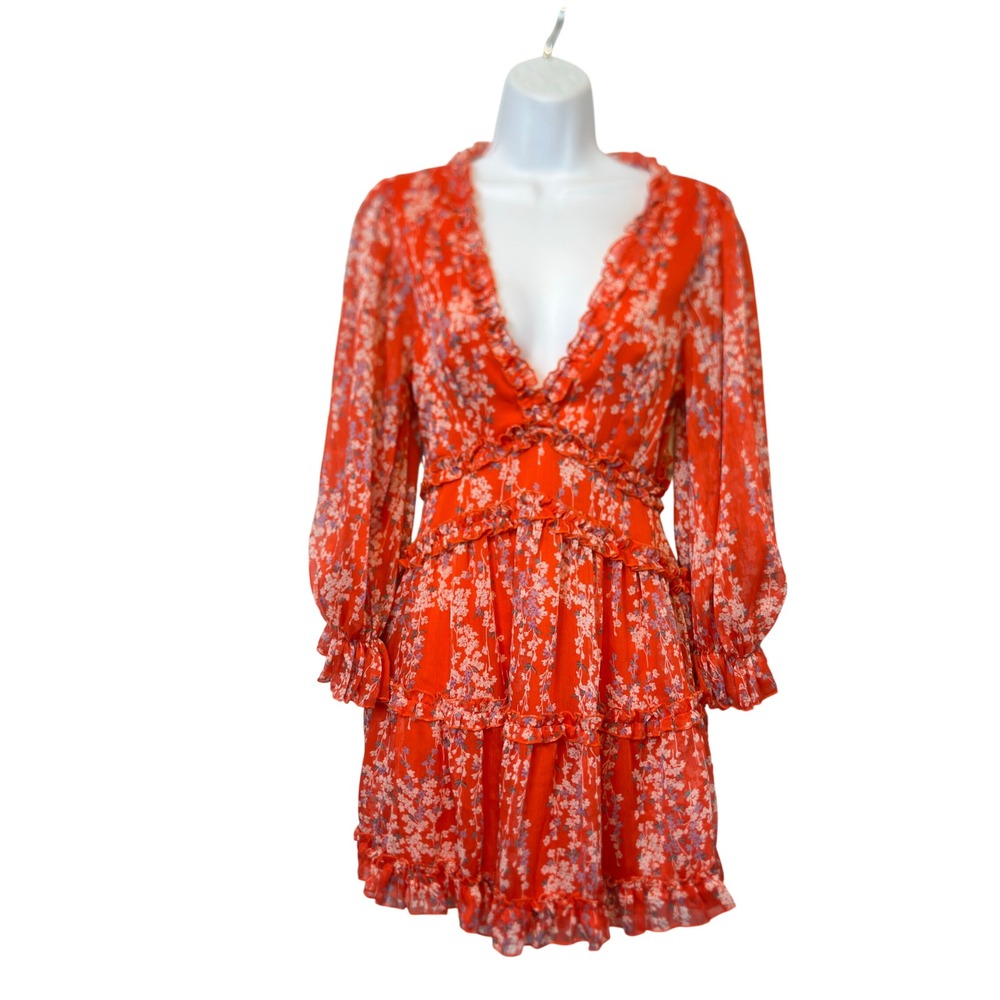 Angel Biba Mini‎ Dress Womens Small Orange Excellent Floral Ruffle Open Back